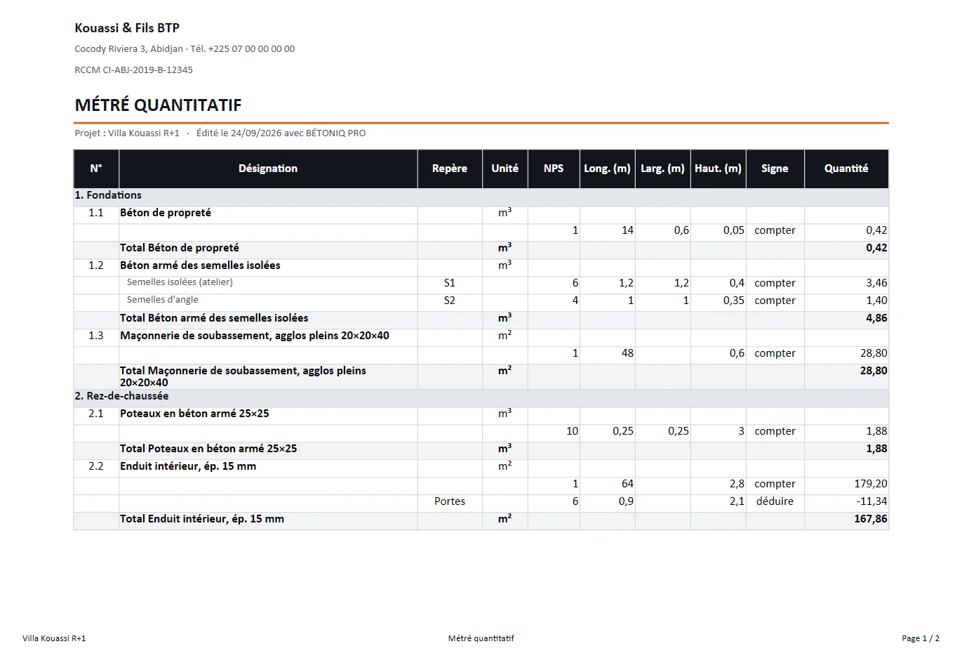 Métré quantitatif exporté en Excel : fondations et rez-de-chaussée, dimensions, formules et totaux par poste